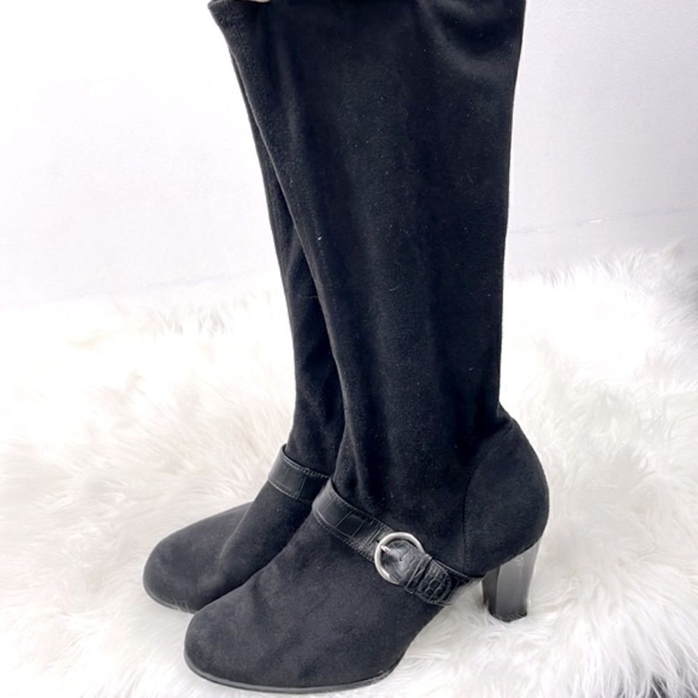 Predictions | black suede buckle stretchy boots 3” heel ,tall under knee…